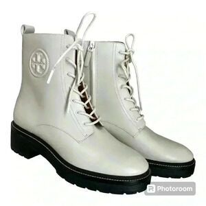 Tory Burch Miller 50 White Leather Lug-Sole Booties Women’s Size 10.5